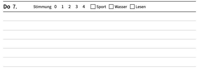 Ein Tag mit «Stimmung 0 1 2 3 4» und Kästchen für Sport, Wasser und Lesen im Kopf