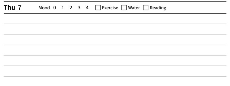 One day with ‘Mood 0 1 2 3 4’ and boxes for Exercise, Water and Reading in its heading
