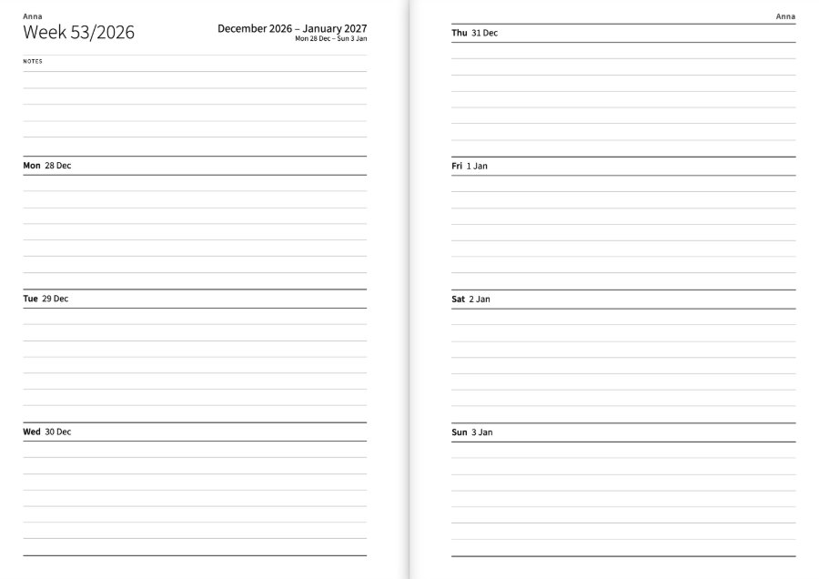 The week from Monday 28 December 2026 to Sunday 3 January 2027, headed ‘Week 53/2026’ and ‘December 2026 – January 2027’, every date with its month