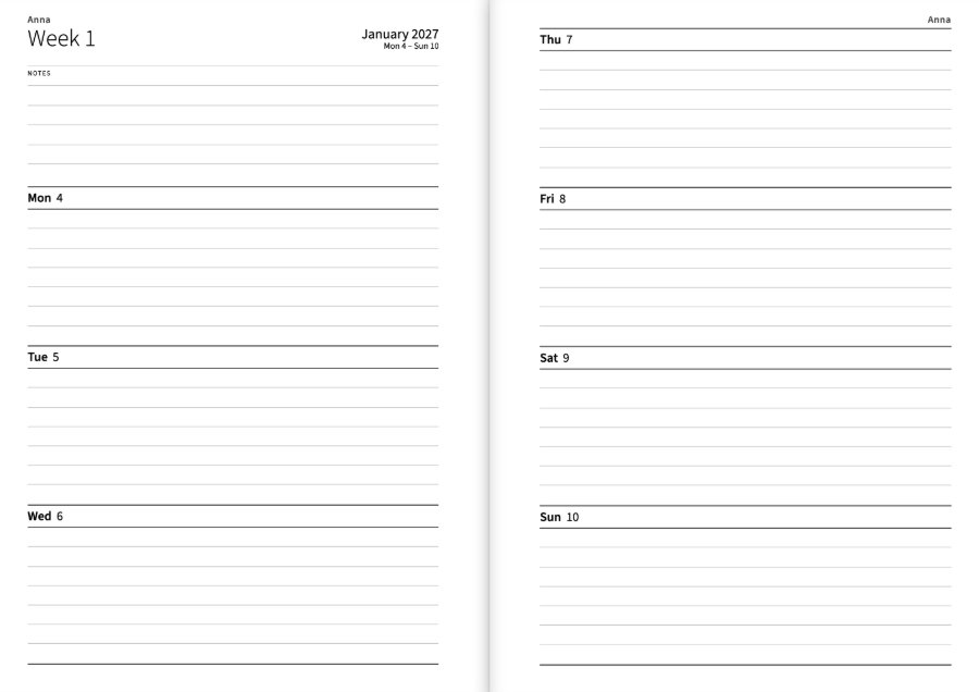 A week of the planner as a double page: at the top left ‘Week 1’ and ‘January 2027, Mon 4 – Sun 10’, room for notes, then Monday to Wednesday; Thursday to Sunday on the right, every day with lines to write on