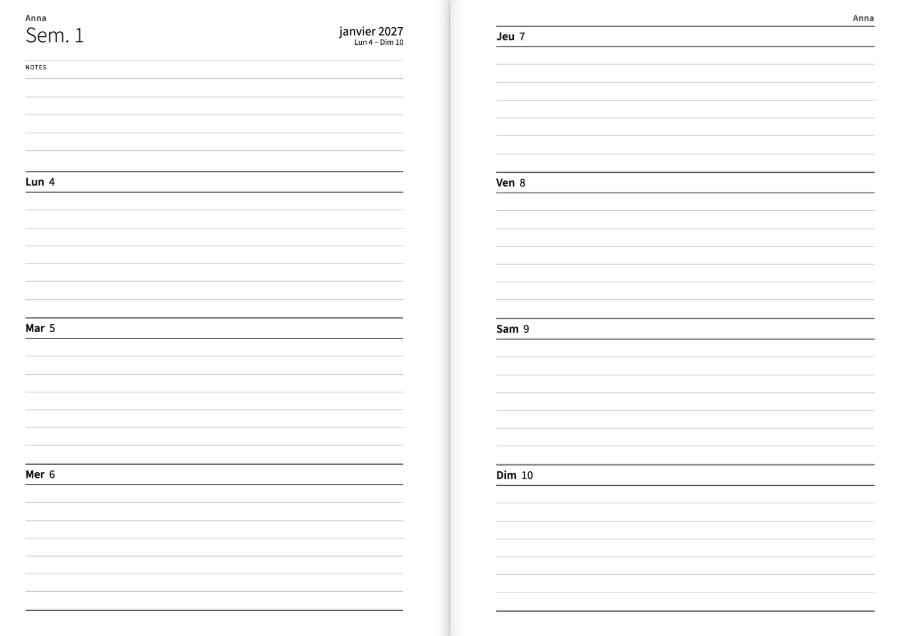 Une semaine de l’agenda en double page : en haut à gauche « Sem. 1 » et « janvier 2027, Lun 4 – Dim 10 », un espace pour les notes, puis du lundi au mercredi ; du jeudi au dimanche à droite, chaque jour avec des lignes pour écrire