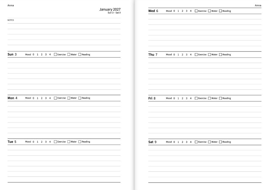 The week from Sunday with Mood 0 to 4 and boxes for Exercise, Water and Reading in every day’s heading
